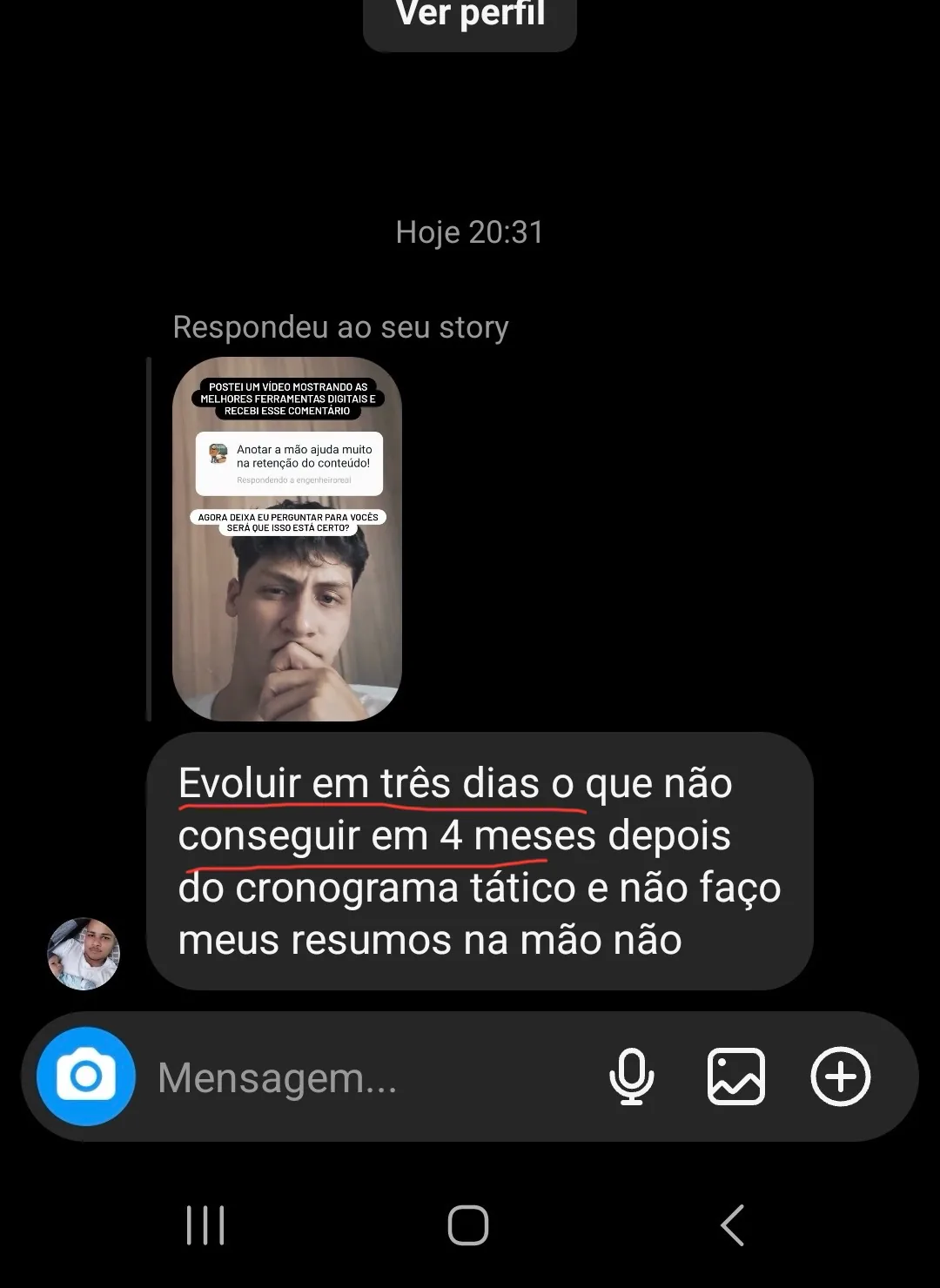 Print de conversa: aluno afirma que evoluiu em três dias com o cronograma tático o que não havia conseguido em quatro meses.